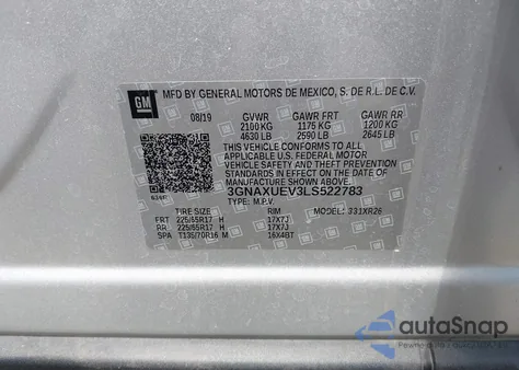 2020 Chevrolet Equinox Awd Lt 1.5L Turbo из США, поврежденный, VIN 3GNAXUEV3LS522783